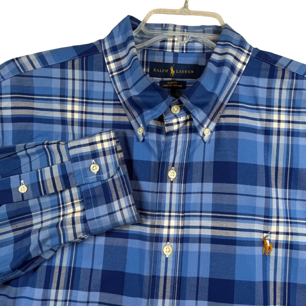 Ralph Lauren Button Down Shirt Mens XL Blue Plaid Slim Fit Stretch Oxford
